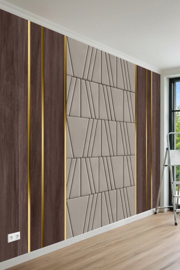  Lüks Dikey Çıtalı Geometrik Panel Desenli Tek Parça Tekstil Duvar Kağıdı