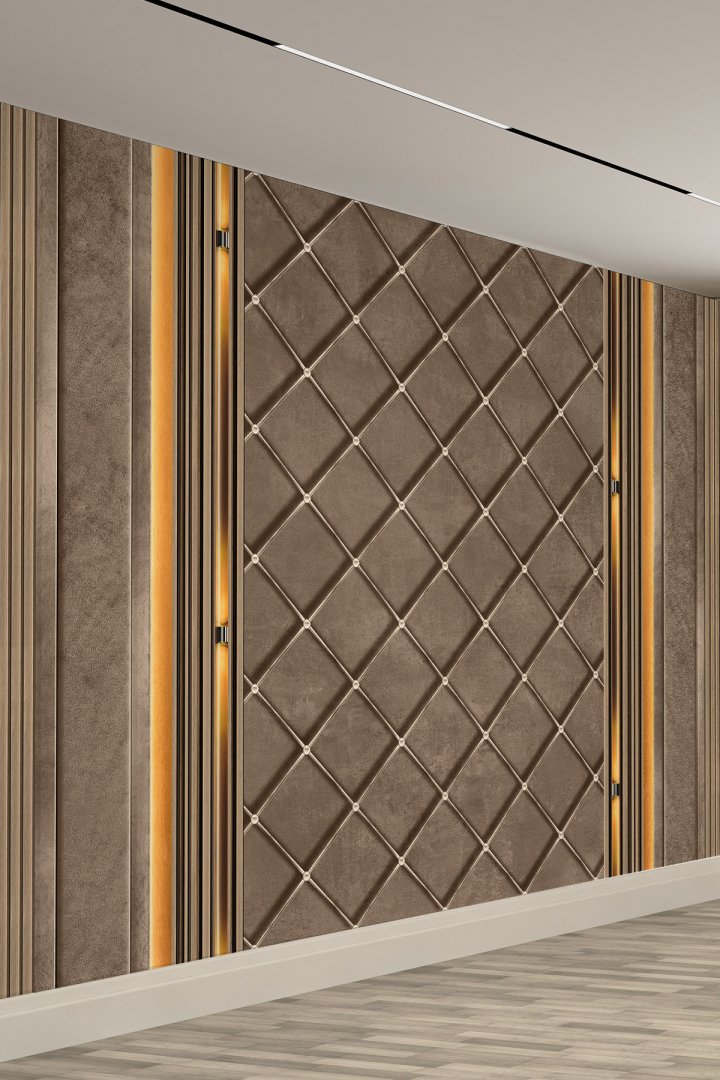 Luxury Kahverengi Deri Panel Efektli Tekstil Duvar Kağıdı