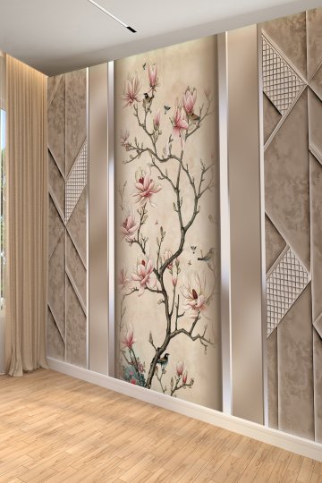 Manolya Çiçekli Kuş Desenli Geometrik Panelli Tekstil Duvar Kağıdı