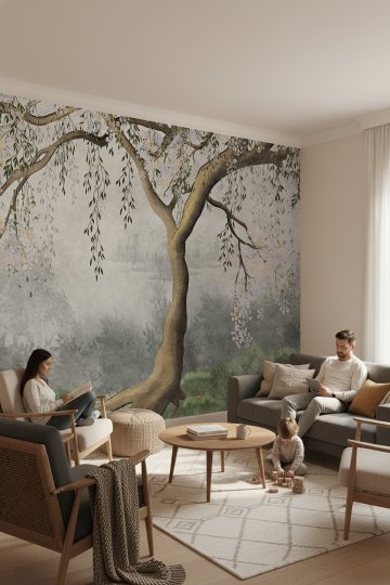 Manzara Çınar Ağacı Desenli Duvar Kağıdı -Isı ve Ses Yalıtımı