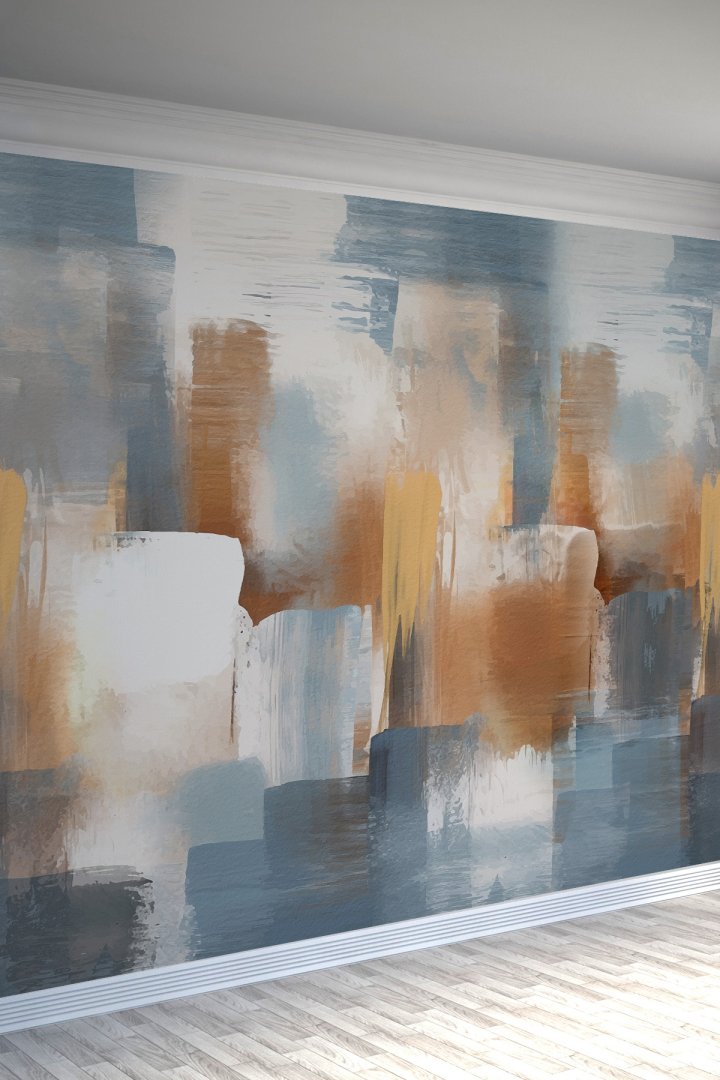 Mavi Bej Fırça Darbeli Modern Sanat Tekstil Duvar Kağıdı