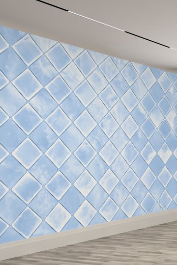 Mavi Kare Desenli Mermer Efektli Modern 3D Tek Parça Duvar Kağıdı