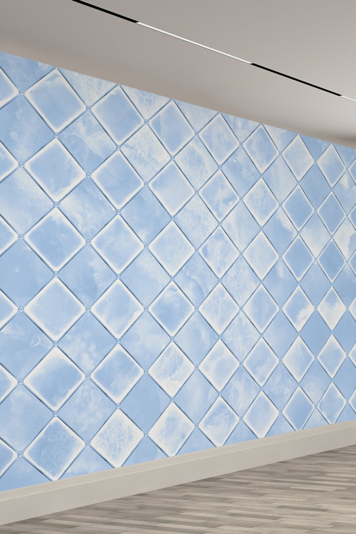 Mavi Kare Desenli Mermer Efektli Modern 3D Tek Parça Duvar Kağıdı