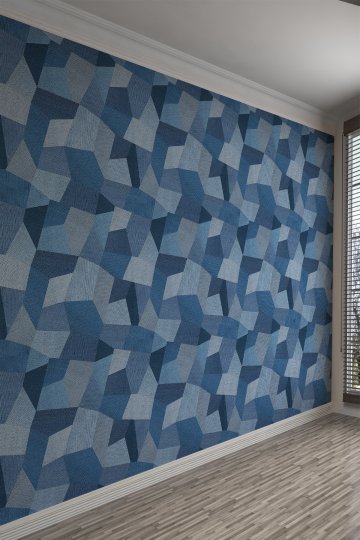 Mavi Retro Patchwork Desenli Tek Parça Duvar Kağıdı
