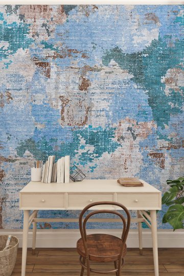 Mavi Tonlarında Eskitme Halı Dokulu, Soyut Patchwork Tasarımlı Tek Parça Tekstil Duvar Kağıdı