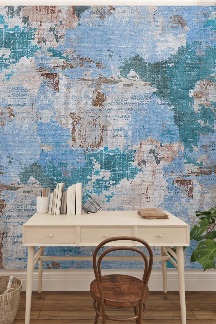 Mavi Tonlarında Eskitme Halı Dokulu, Soyut Patchwork Tasarımlı Tek Parça Tekstil Duvar Kağıdı