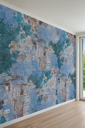 Mavi Tonlarında Eskitme Halı Dokulu, Soyut Patchwork Tasarımlı Tek Parça Tekstil Duvar Kağıdı küçük görsel 2