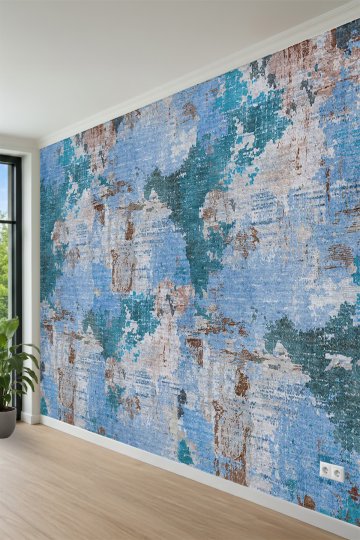Mavi Tonlarında Eskitme Halı Dokulu, Soyut Patchwork Tasarımlı Tek Parça Tekstil Duvar Kağıdı küçük görsel 3