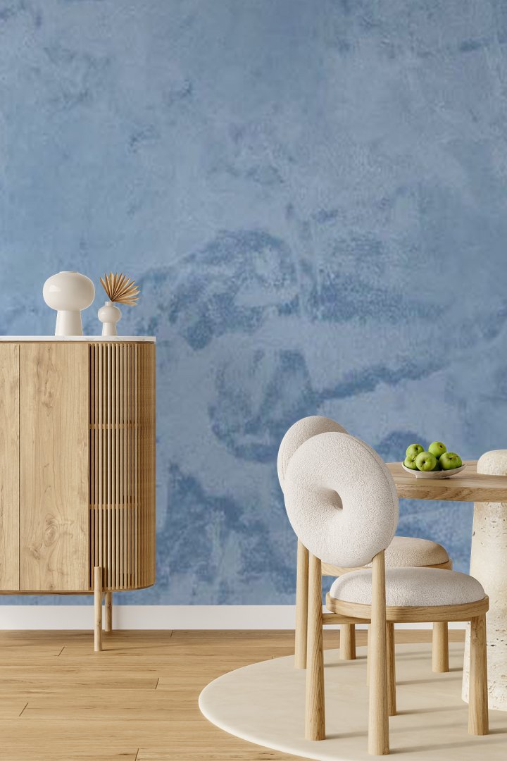 Mavi Tonlu Eskitme Sıva ve Beton Dokulu Minimalist Tek Parça Tekstil Duvar Kağıdı