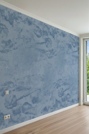 Mavi Tonlu Eskitme Sıva ve Beton Dokulu Minimalist Tek Parça Tekstil Duvar Kağıdı küçük görsel 2