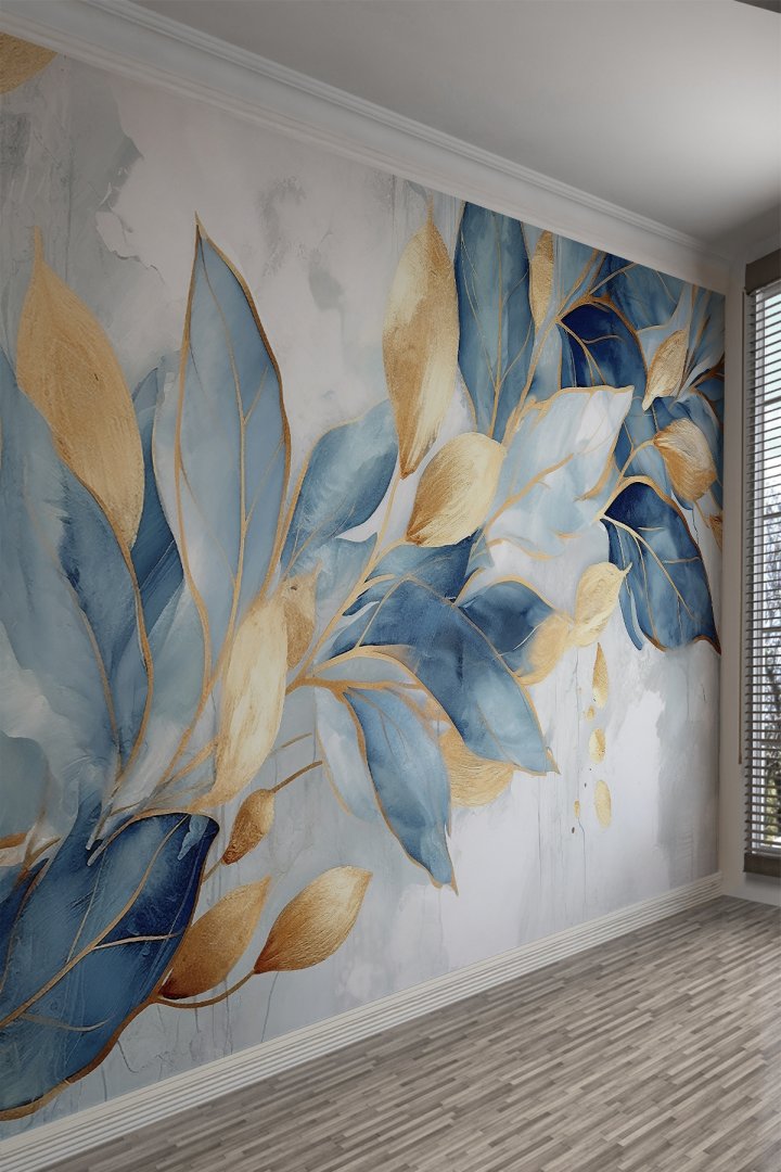 Mavi ve Altın Yaprak Desenli Tek Parça Tekstil Duvar Kağıdı