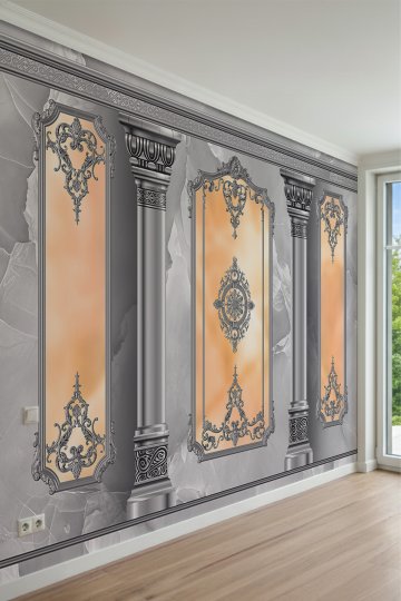 Mermer Dokulu, Sütunlu ve Turuncu Panelli Klasik 3D Duvar Çıtası ve Boiserie Tek Parça Tekstil Duvar Kağıdı küçük görsel 2