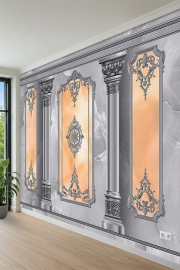 Mermer Dokulu, Sütunlu ve Turuncu Panelli Klasik 3D Duvar Çıtası ve Boiserie Tek Parça Tekstil Duvar Kağıdı küçük görsel 3