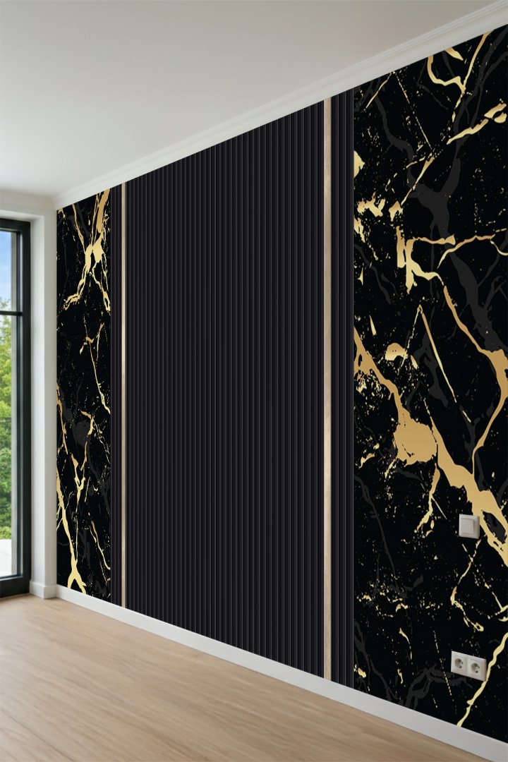 Mermer Dokulu ve Dikey Panel Desenli Modern Tek Parça Tekstil Duvar Kağıdı