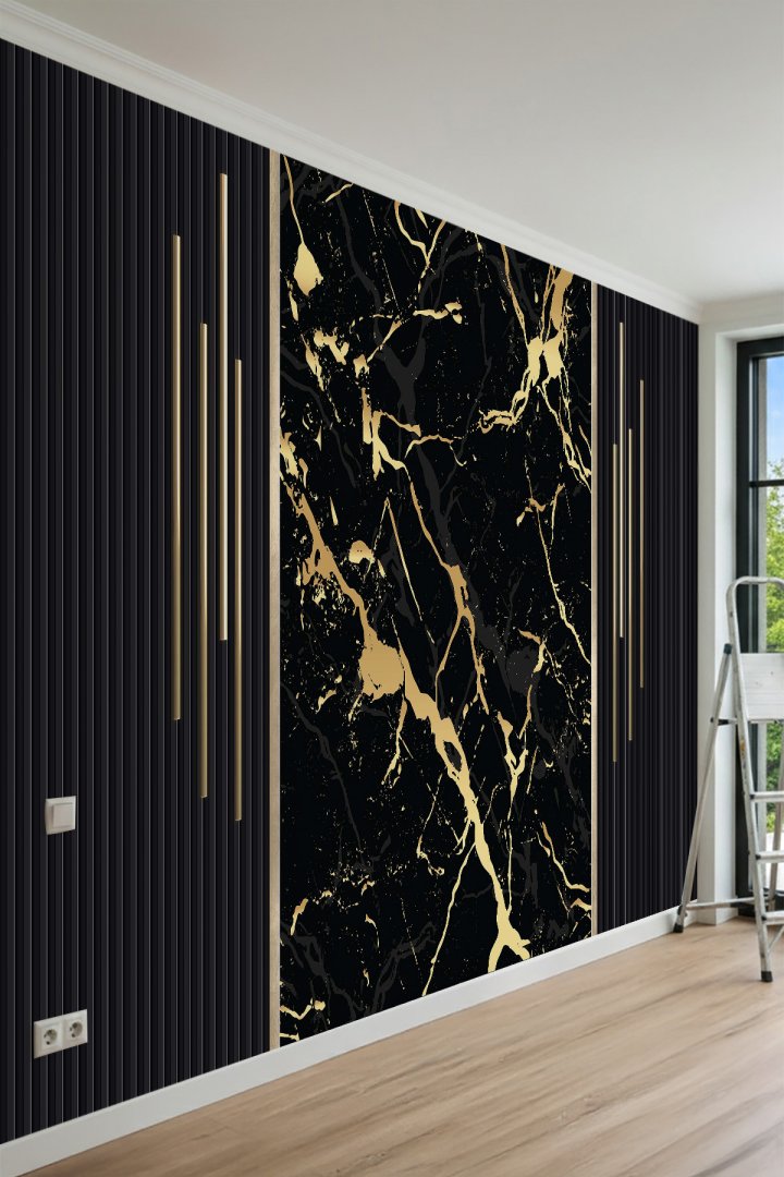 Mermer Dokulu ve Gold Çizgi Detaylı Tek Parça Tekstil Duvar Kağıdı