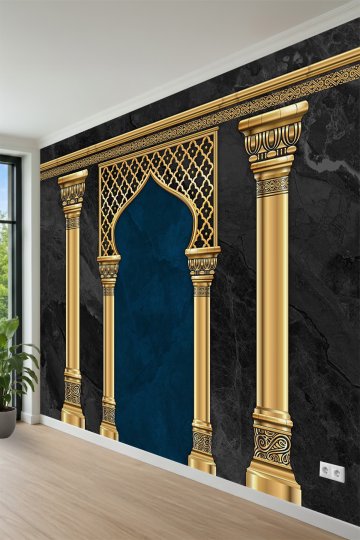 Mermer Fon Üzerinde Altın Sütunlar, Kemerli Paneller ve Oryantal Motifli Tek Parça Tekstil Duvar Kağıdı küçük görsel 2