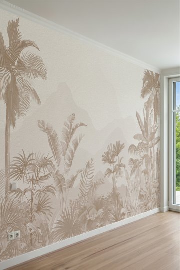 Minimalist Dağ Silüetli ve Tropikal Bitki Desenli Tek Parça Tekstil Duvar Kağıdı