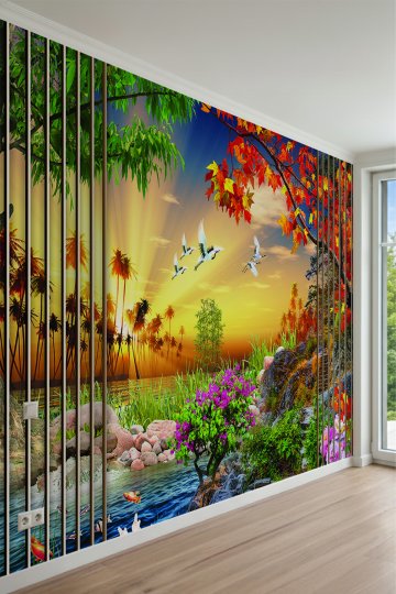 Mirazawall Dikey Ahşap Çıtalar, Gün Batımı, Akarsu ve Turnalar Manzaralı Tek Parça Tekstil Duvar Kağıdı küçük görsel 2