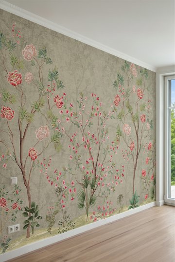 Mirazawall Zarif Ağaçlar, Şakayık Çiçekleri ve Pastel Doğa Motifli Tek Parça Tekstil Duvar Kağıdı küçük görsel 2