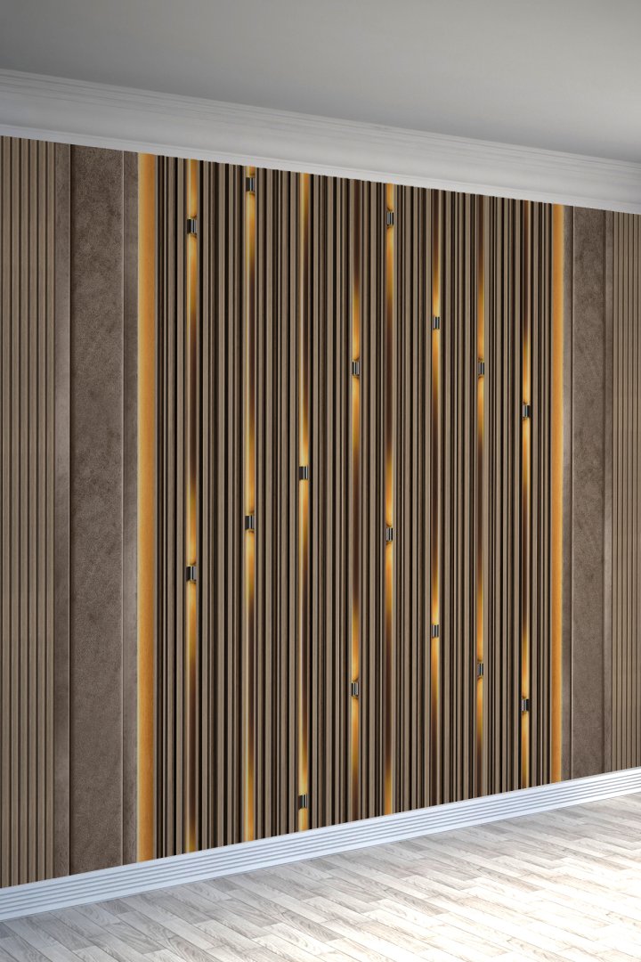 Modern Ahşap Çizgili LED Efektli Tekstil Duvar Kağıdı – Otel, Kafe ve Ev Dekorasyonu