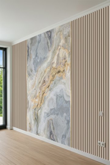 Modern Çıta Panel ve Akışkan Mermer Desenli Tek Parça Tekstil Duvar Kağıdı