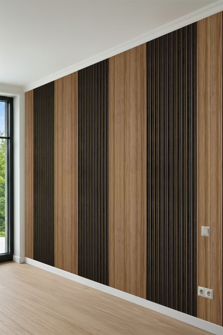 Modern Dikey Ahşap Panel Görünümlü Tek Parça Tekstil Duvar Kağıdı