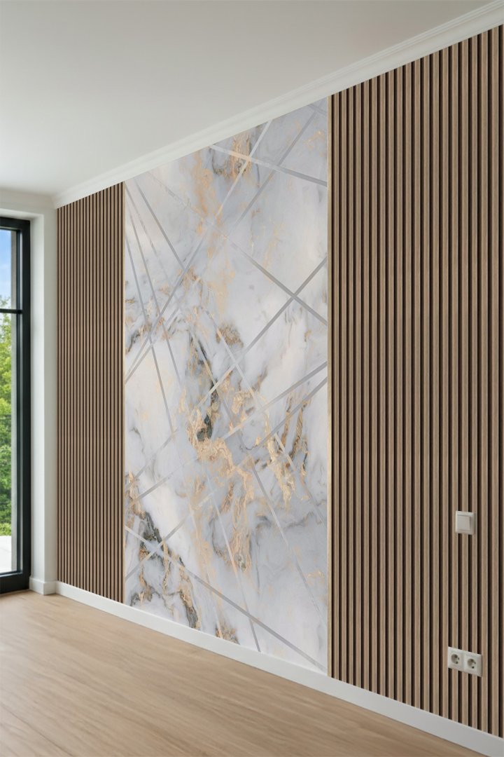 Modern Dikey Panel ve Geometrik Mermer Desenli Tek Parça Tekstil Duvar Kağıdı