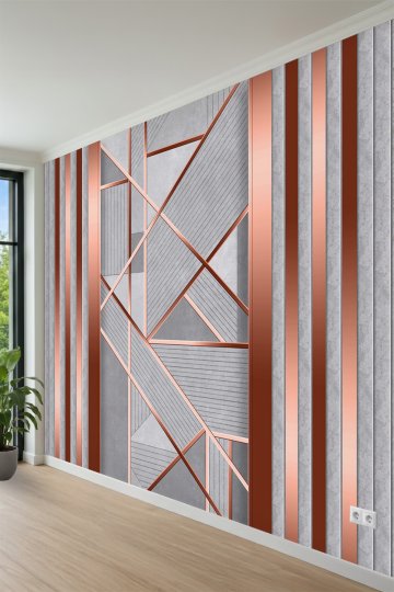 Modern Geometrik Çizgili ve Metalik Panel Desenli Tek Parça Tekstil Duvar Kağıdı 