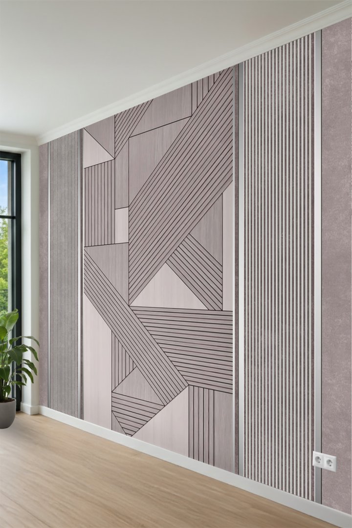 Modern Geometrik Panel ve Dikey Çizgili Tasarım Desenli Tek Parça Tekstil Duvar Kağıdı 