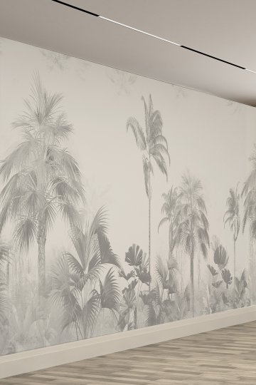 Modern Gri Palmiye ve Tropikal Ağaç Desenli Tekstil Duvar Kağıdı