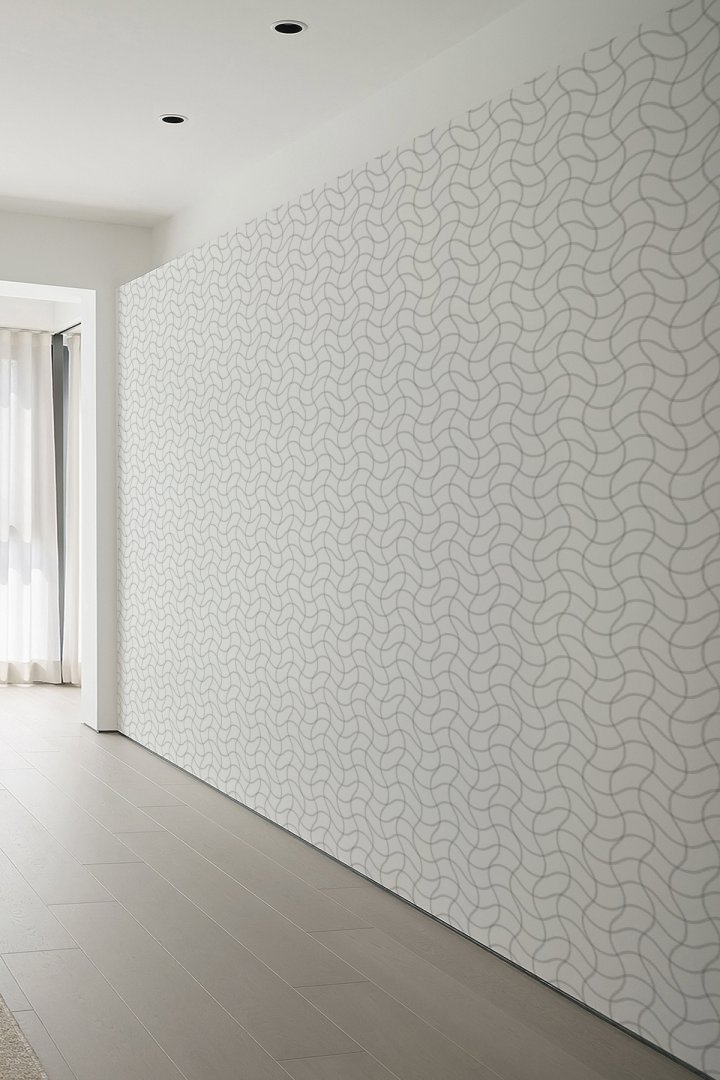 Modern İnce Dalga Desenli Duvar Kağıdı – Minimalist Beyaz Gri Geometrik Tasarım