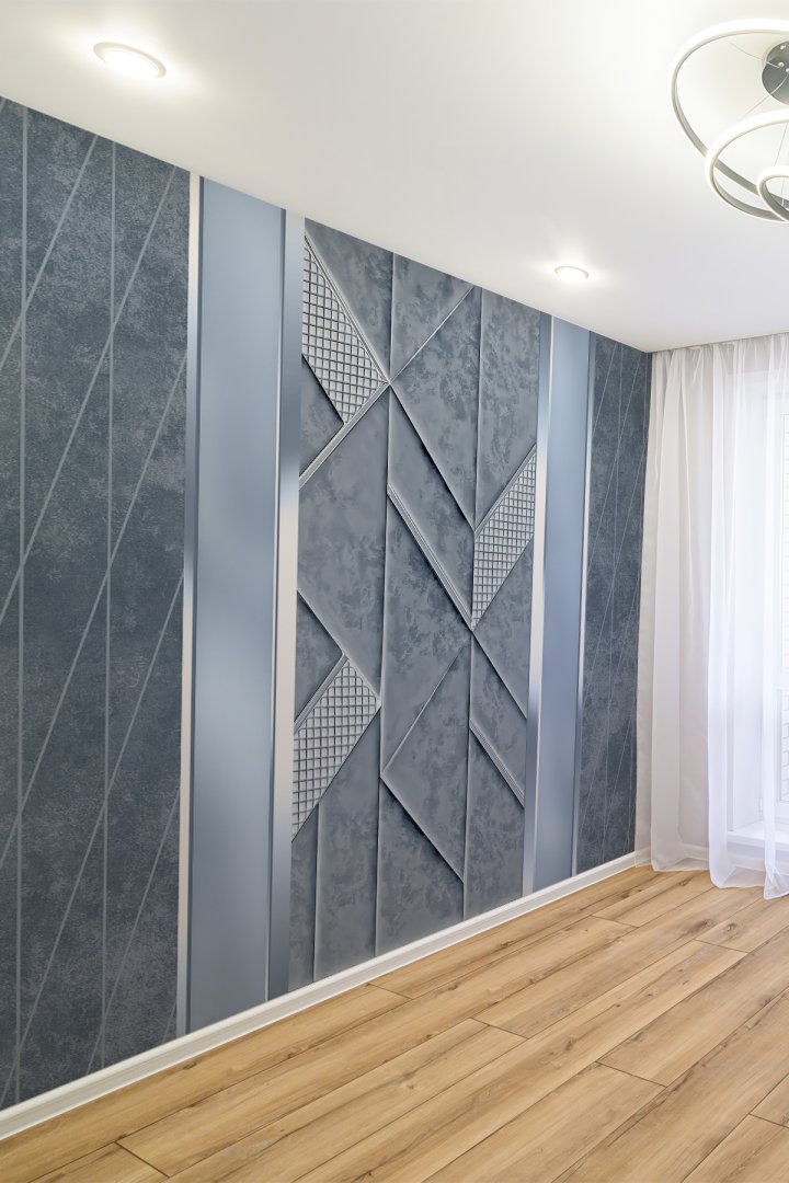 Modern Mavi Geometrik Panelli Tek Parça Duvar Kağıdı