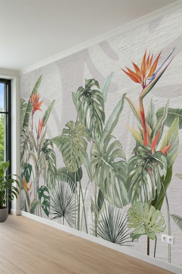 Monstera Yaprak Desenli Cennet Kuşu Çiçekli Tek Parça Tekstil Duvar Kağıdı