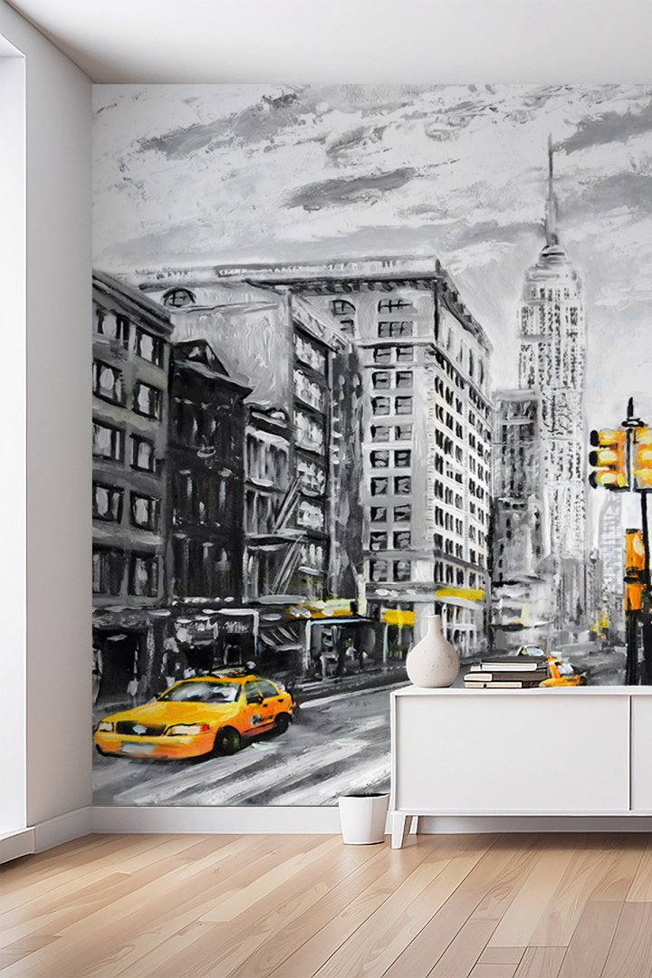 New York Şehir Sokakları, Sarı Taksiler ve Yürüyen Çift Temalı Tek Parça Tekstil Duvar Kağıdı