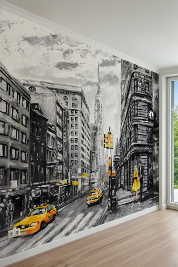New York Şehir Sokakları, Sarı Taksiler ve Yürüyen Çift Temalı Tek Parça Tekstil Duvar Kağıdı küçük görsel 2