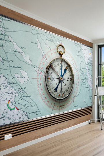 Nostaljik Deniz Haritası ve Pusula Desenli Tek Parça Tekstil Duvar Kağıdı 