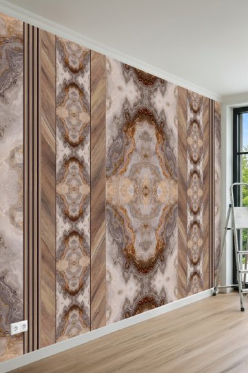 Oniks Mermer Desenli ve Ahşap Panel Desenli Tek Parça Tekstil Duvar Kağıdı 