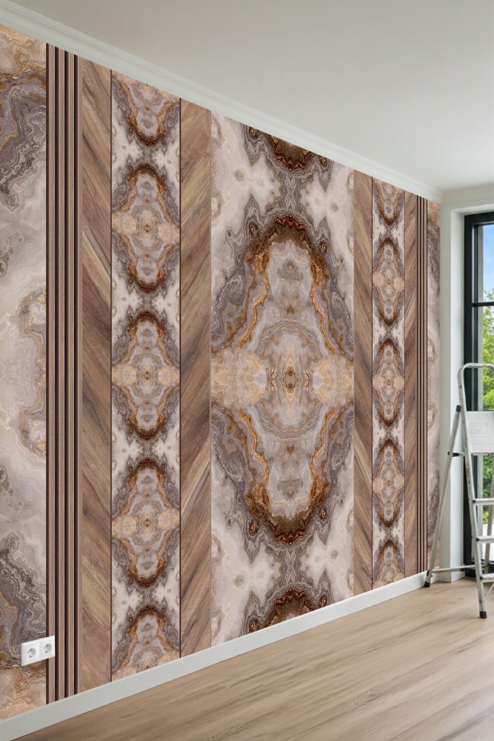 Oniks Mermer Desenli ve Ahşap Panel Desenli Tek Parça Tekstil Duvar Kağıdı 