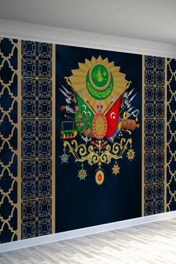Osmanlı Armalı Lacivert Lüks Tekstil Duvar Kağıdı