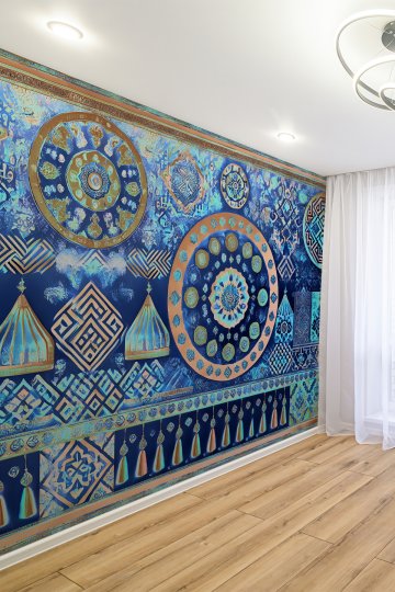 Osmanlı Motifli Etnik ve Otantik Mavi Saray Tasarımlı Tekstil Duvar Kağıdı