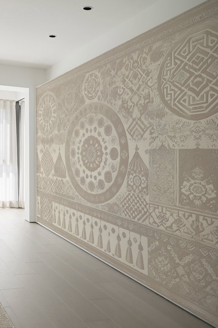 Osmanlı Motifli Etnik ve Otantik Soft Bej Saray Tasarımlı Tekstil Duvar Kağıdı