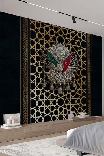 Osmanlı Tuğrası Kündekari Zeminli Tek Parça Tekstil Duvar Kağıdı