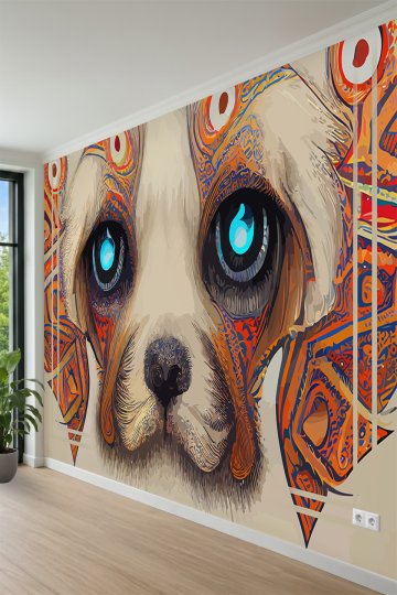Parıltılı Gözlü Etnik Desenli Köpek Portresi Çocuk Odası Tek Parça Tekstil Duvar Kağıdı küçük görsel 3
