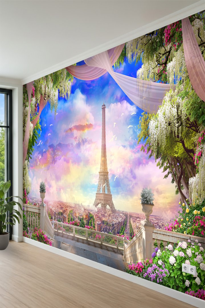 Paris Eyfel Kulesi Manzaralı Balkon Perspektifli Tek Parça Tekstil Duvar Kağıdı