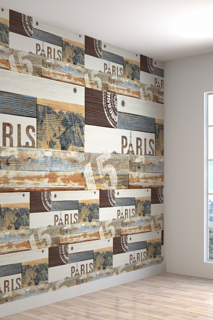 Paris Yazılı Ahşap Desenli Isı Ve Ses Yalıtımlı Sağlıklı Tekstil Duvar Kağıdı