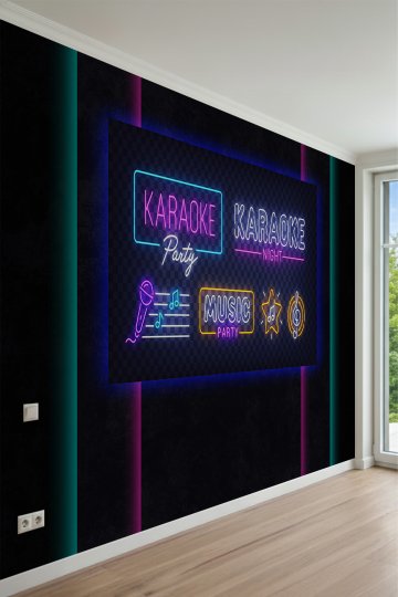 Parlayan Neon Işıklı Karaoke ve Müzik Temalı Tek Parça Tekstil Duvar Kağıdı