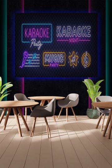 Parlayan Neon Işıklı Karaoke ve Müzik Temalı Tek Parça Tekstil Duvar Kağıdı küçük görsel 2