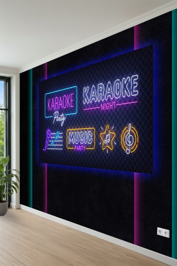 Parlayan Neon Işıklı Karaoke ve Müzik Temalı Tek Parça Tekstil Duvar Kağıdı küçük görsel 3