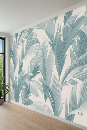 Pastel Büyük Tropikal Yaprak Desenli Tek Parça Tekstil Duvar Kağıdı küçük görsel 3