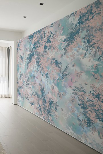 Pastel Çiçek ve Bulut Desenli Tek Parça Tekstil Duvar Kağıdı